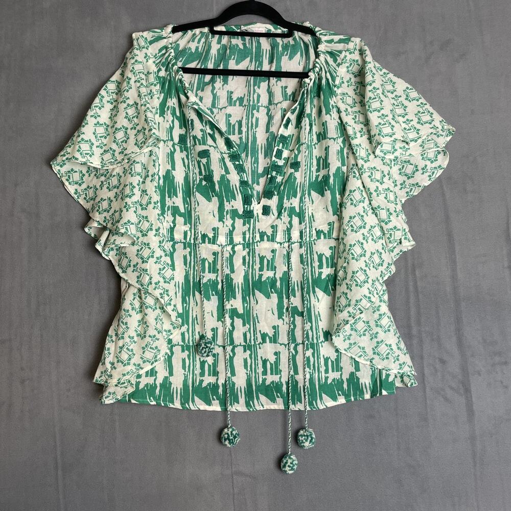 Paul & Joe Sister Top Womens Size 2 Green White Ruffle Sleeve Boho Tassel